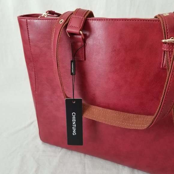 NWT! Burgundy Faux Leather Tote Bag w/Laptop Divider & Luggage Strap - Picture 2 of 14